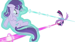 Size: 1920x1080 | Tagged: safe, edit, edited screencap, imported from derpibooru, screencap, starlight glimmer, twilight sparkle, alicorn, pony, the cutie re-mark, background removed, dodge, female, fight, glowing horn, levitation, magic, magic blast, mare, self-levitation, simple background, telekinesis, transparent background, twilight sparkle (alicorn)