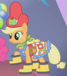 Size: 256x294 | Tagged: safe, imported from derpibooru, screencap, applejack, pinkie pie, earth pony, pony, suited for success, bandana, clothes, cropped, dress, female, gala dress, galoshes, mare, outfit catalog, solo focus, ten gallon hat