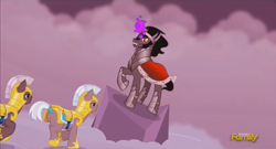 Size: 1316x712 | Tagged: safe, imported from derpibooru, screencap, king sombra, pony, unicorn, the cutie re-mark, alternate timeline, butt, crystal war timeline, dark magic, discovery family logo, magic, male, plot, raised hoof, royal guard, running, stallion, tail wrap