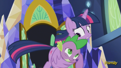 Size: 1739x987 | Tagged: safe, imported from derpibooru, screencap, spike, twilight sparkle, alicorn, pony, the cutie re-mark, discovery family logo, female, hug, mama twilight, mare, protecting, spikelove, twilight sparkle (alicorn), winghug