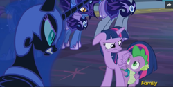 Size: 1172x592 | Tagged: safe, imported from derpibooru, screencap, nightmare moon, spike, twilight sparkle, alicorn, bat pony, pony, the cutie re-mark, alternate timeline, discovery family logo, ethereal mane, female, ink eclipse, mare, moody blue, nightmare takeover timeline, twilight sparkle (alicorn)