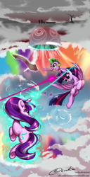 Size: 1265x2476 | Tagged: safe, artist:esuka, imported from derpibooru, spike, starlight glimmer, twilight sparkle, alicorn, pony, the cutie re-mark, ashlands timeline, cutie map, dodge, epic, female, fight, glowing horn, levitation, magic, magic blast, mare, open mouth, paper, reaching, scene interpretation, self-levitation, signature, sky, spell, telekinesis, that was fast, time vortex, twilight sparkle (alicorn), wasteland