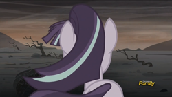 Size: 1273x718 | Tagged: safe, imported from derpibooru, screencap, starlight glimmer, the cutie re-mark, alternate timeline, ashlands timeline, barren, discovery family logo, female, implied genocide, post-apocalyptic, s5 starlight, solo, wasteland, windswept mane