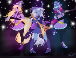 Size: 2600x2000 | Tagged: dead source, safe, artist:imaginesilver, imported from derpibooru, fuchsia blush, lavender lace, trixie, equestria girls, rainbow rocks, background human, band, cape, clothes, electric guitar, eyes closed, female, flying v, group, guitar, hat, legs, microphone, musical instrument, open mouth, raised leg, request, requested art, signature, singing, skirt, smiling, synthesizer, tricks up my sleeve, trixie and the illusions, trixie's hat, wizard hat