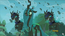 Size: 1366x768 | Tagged: safe, imported from derpibooru, screencap, queen chrysalis, changeling, changeling queen, the cutie re-mark, alternate timeline, changeling officer, chrysalis resistance timeline, discovery family logo, female