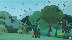 Size: 1366x768 | Tagged: safe, imported from derpibooru, screencap, queen chrysalis, changeling, changeling queen, the cutie re-mark, alternate timeline, changeling officer, chrysalis resistance timeline, discovery family logo, female