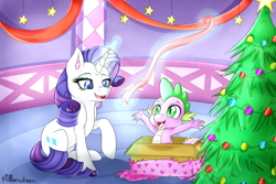 Size: 3000x2000 | Tagged: safe, artist:pillonchou, imported from derpibooru, rarity, spike, christmas, christmas tree, female, male, palindrome get, present, shipping, sparity, straight, tree