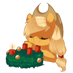 Size: 640x640 | Tagged: safe, artist:loyaldis, imported from derpibooru, applejack, earth pony, pony, advent wreath, candle, christmas, eyes closed, female, mare, simple background, solo, transparent background, wreath