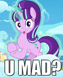 Size: 356x437 | Tagged: safe, edit, imported from derpibooru, screencap, starlight glimmer, the cutie re-mark, caption, image macro, levitation, magic, meme, reaction image, self-levitation, starlight says bravo, telekinesis, u mad