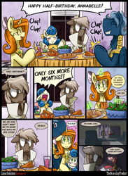 Size: 3000x4091 | Tagged: safe, artist:dracojayproduct, imported from derpibooru, oc, oc only, oc:annabelle, oc:caroline, oc:eschar, oc:pierson, oc:syril, comic:lunar isolation, bread, clapping, comic, dinner, family, food, salad