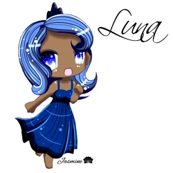 Size: 500x500 | Tagged: safe, artist:jasmine-lotus, imported from derpibooru, princess luna, human, chibi, clothes, cute, dark skin, dress, female, humanized, lunabetes, s1 luna, simple background, solo