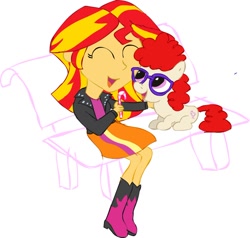 Size: 832x793 | Tagged: safe, artist:newportmuse, imported from derpibooru, sunset shimmer, twist, equestria girls, bench, candy, cute, filly, shimmerbetes, sitting, smiling, twistabetes