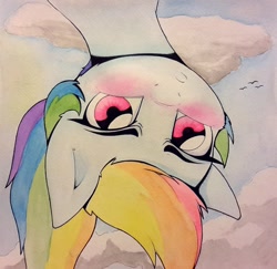 Size: 1877x1825 | Tagged: safe, artist:captainpudgemuffin, imported from derpibooru, rainbow dash, pony, blushing, cute, dashabetes, female, mare, pouting, solo, traditional art, upside down