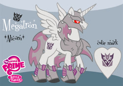 Size: 600x420 | Tagged: safe, artist:rikuta, edit, imported from derpibooru, alicorn, pony, alicornified, decepticon, logo, logo edit, megatron, my little pony logo, my little x, ponified, race swap, transformers, transformers prime