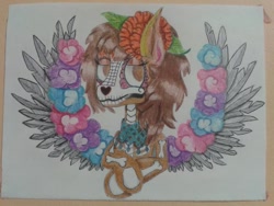 Size: 640x480 | Tagged: safe, imported from derpibooru, oc, oc only, oc:maría teresa de los ponyos paguetti, dia de los muertos, monochrome, traditional art