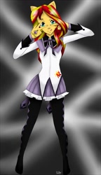 Size: 553x960 | Tagged: safe, artist:roxiethederp, imported from derpibooru, sunset shimmer, equestria girls, clothes, cosplay, costume, crossover, female, homura akemi, humanized, looking at you, puella magi madoka magica, signature, solo, tongue out