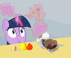 Size: 542x447 | Tagged: safe, imported from derpibooru, twilight sparkle, alicorn, pony, big crown thingy, element of magic, evil, exploitable meme, female, mare, meme, spilled milk, twilight sparkle (alicorn), twilight's kinder egg, wings