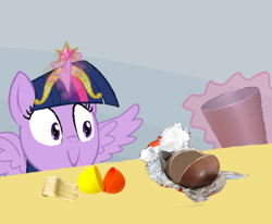 Size: 542x447 | Tagged: safe, imported from derpibooru, twilight sparkle, alicorn, pony, big crown thingy, element of magic, evil, exploitable meme, female, kinder egg, mare, meme, solo, spilled milk, trash can, twilight sparkle (alicorn), twilight's kinder egg, wings