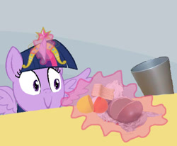 Size: 542x447 | Tagged: safe, imported from derpibooru, twilight sparkle, alicorn, pony, big crown thingy, element of magic, evil, exploitable meme, female, kinder egg, mare, meme, solo, spilled milk, trash can, twilight sparkle (alicorn), twilight's kinder egg, wings