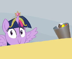 Size: 542x447 | Tagged: safe, imported from derpibooru, twilight sparkle, alicorn, pony, big crown thingy, element of magic, evil, exploitable meme, female, kinder egg, mare, meme, solo, spilled milk, trash can, twilight sparkle (alicorn), twilight's kinder egg, wings