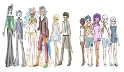 Size: 3401x1985 | Tagged: safe, artist:yuntaoxd, imported from derpibooru, derpy hooves, discord, doctor whooves, double diamond, night glider, party favor, princess celestia, queen chrysalis, starlight glimmer, sugar belle, time turner, changeling, human, clothes, dark skin, dress, equal four, equalized, humanized, s5 starlight, staff, staff of sameness