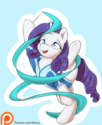 Size: 1350x1650 | Tagged: safe, artist:alasou, imported from derpibooru, rarity, backbend, clothes, female, flexible, gymnast, gymnastics, hoof hold, leotard, open mouth, patreon, patreon logo, rhythmic gymnastics, ribbon, solo, splits, underhoof