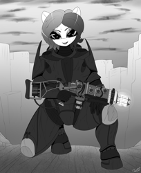 Size: 1633x2000 | Tagged: safe, artist:replica, imported from derpibooru, oc, oc only, anthro, armor, clothes, energy weapon, fallout, fallout: new vegas, fanfic, fanfic art, female, grayscale, gun, hooves, kneeling, looking at you, magical energy weapon, monochrome, multiplas rifle, open mouth, outdoors, plasma rifle, power armor, solo, weapon
