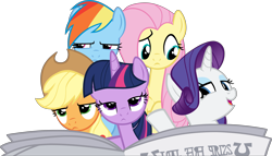 Size: 8020x4573 | Tagged: safe, artist:itv-canterlot, imported from derpibooru, applejack, fluttershy, rainbow dash, rarity, twilight sparkle, alicorn, pony, the one where pinkie pie knows, .ai available, absurd resolution, female, mare, newspaper, simple background, transparent background, twilight sparkle (alicorn), vector