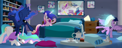Size: 10000x4000 | Tagged: safe, artist:ponyecho, imported from derpibooru, princess cadance, princess celestia, princess luna, twilight sparkle, alicorn, pony, absurd resolution, alicorn tetrarchy, bed, bedroom, cute, cutedance, cutelestia, eyes closed, face down ass up, female, grin, horn impalement, levitation, lunabetes, magic, mare, missing accessory, open mouth, pillow fight, raised hoof, show accurate, smiling, spread wings, telekinesis, throwing, true love princesses, twiabetes, twilight sparkle (alicorn), twilunestiance, wink