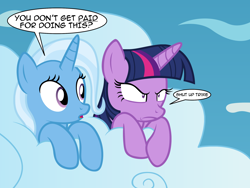 Size: 2048x1536 | Tagged: safe, artist:badumsquish, derpibooru exclusive, imported from derpibooru, trixie, twilight sparkle, alicorn, pony, the cutie re-mark, alternate scenario, angry, cloud, cloudsdale, death stare, dialogue, duo, female, frown, glare, inconvenient trixie, mare, open mouth, twilight sparkle (alicorn), wide eyes