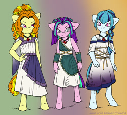 Size: 1000x905 | Tagged: safe, artist:kaemantis, imported from derpibooru, adagio dazzle, aria blaze, sonata dusk, anthro, siren, unguligrade anthro, equestria girls, 2015, adoragio, amulet, ariabetes, child, clothes, cute, dress, equestria girls ponified, greek, group, hand on hip, looking at you, necklace, ponified, signature, slit pupils, sonatabetes, the dazzlings, trio