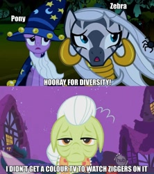 Size: 852x960 | Tagged: safe, edit, edited screencap, imported from derpibooru, screencap, granny smith, twilight sparkle, zecora, earth pony, pony, unicorn, zebra, background pony strikes again, clothes, costume, ear piercing, earring, female, hat, image macro, jewelry, mare, meme, mouthpiece, neck rings, nightmare night costume, op is a duck, out of character, piercing, politically incorrect, pony racism, racism, scarf, unicorn twilight, zigger, ziggers