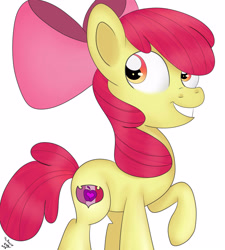 Size: 2700x3000 | Tagged: safe, artist:theartistsora, imported from derpibooru, apple bloom, earth pony, pony, crusaders of the lost mark, cutie mark, female, filly, raised hoof, simple background, smiling, solo, the cmc's cutie marks, white background