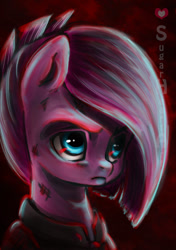 Size: 600x854 | Tagged: safe, artist:sugarheartart, imported from derpibooru, pinkie pie, the cutie re-mark, alternate timeline, apinkalypse pie, bust, crystal war timeline, female, pinkamena diane pie, portrait, solo, thousand yard stare