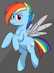 Size: 1408x1900 | Tagged: safe, artist:rapidstrike, imported from derpibooru, rainbow dash, the cutie re-mark, alternate timeline, amputee, apocalypse dash, artificial wings, augmented, crystal war timeline, female, floating, looking at you, mechanical wing, prosthetic limb, prosthetic wing, prosthetics, scar, solo, torn ear, wings