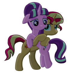 Size: 957x940 | Tagged: safe, artist:majkashinoda626, imported from derpibooru, starlight glimmer, sunset shimmer, pony, unicorn, backwards cutie mark, duo, hug, implied lesbian, implied shimmerglimmer, implied shipping, remorse, s5 starlight, sad