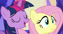 Size: 1280x686 | Tagged: safe, imported from derpibooru, screencap, fluttershy, twilight sparkle, alicorn, pony, the hooffields and mccolts, duo, female, mare, out of context, twilight sparkle (alicorn)