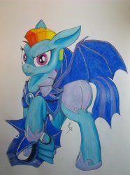 Size: 2951x3957 | Tagged: safe, artist:scribblepwn3, imported from derpibooru, rainbow dash, bat pony, pony, the cutie re-mark, alternate hairstyle, alternate timeline, armor, female, guard, night guard, night guard dash, nightmare takeover timeline, pen drawing, solo, traditional art, watercolor painting