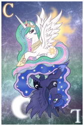 Size: 800x1200 | Tagged: safe, artist:furnygmax, imported from derpibooru, princess celestia, princess luna, flip card, traditional art