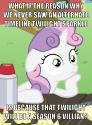 Size: 328x444 | Tagged: safe, imported from derpibooru, sweetie belle, twilight sparkle, the cutie re-mark, exploitable meme, image macro, meme, obligatory pony, sudden clarity sweetie belle