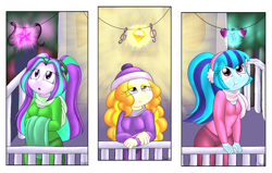 Size: 1024x652 | Tagged: safe, artist:queentigrel, imported from derpibooru, adagio dazzle, aria blaze, sonata dusk, equestria girls, clothes, earmuffs, hat, scarf, the dazzlings, winter outfit