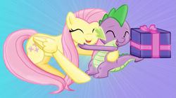 Size: 1099x614 | Tagged: safe, artist:majkashinoda626, imported from derpibooru, fluttershy, spike, secret of my excess, female, flutterspike, hug, male, present, shipping, straight