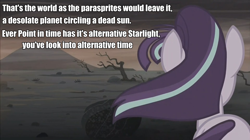 Size: 960x538 | Tagged: safe, imported from derpibooru, screencap, starlight glimmer, parasprite, the cutie re-mark, alternate timeline, ashlands timeline, barren, doctor who, female, image macro, implied genocide, meme, post-apocalyptic, pyramids of mars, solo, wasteland