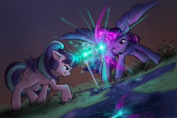 Size: 1313x878 | Tagged: safe, artist:alloyrabbit, imported from derpibooru, starlight glimmer, twilight sparkle, alicorn, pony, the cutie re-mark, city, cloudsdale, cutie map, destruction, equestria, female, giant pony, giant starlight glimmer, horn, macro, magic, mare, mega glimmer, mega twilight sparkle, scene interpretation, twilight sparkle (alicorn)