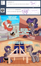 Size: 800x1274 | Tagged: safe, artist:1trick, imported from derpibooru, oc, oc only, oc:deep digger, oc:finely filed, oc:night stitch, oc:strong, oc:sturdy, bat pony, pony, ask night stitch, blog, family, tumblr