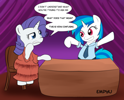 Size: 1000x810 | Tagged: safe, artist:empyu, imported from derpibooru, dj pon-3, rarity, vinyl scratch, 30 minute art challenge, charades, clothes, confused, dress, duo, mute, mute vinyl, necktie, shirt, sign language, talk show, wrong eye color