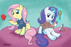 Size: 1000x661 | Tagged: safe, artist:empyu, imported from derpibooru, fluttershy, rarity, bird, pegasus, pony, unicorn, bed mane, bird seed, brushie, clothes, duo, mirror, t-shirt