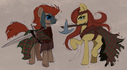 Size: 1500x835 | Tagged: safe, artist:makkon, imported from derpibooru, oc, oc only, earth pony, pony, celtic, claymore, face paint, kilt, scottish