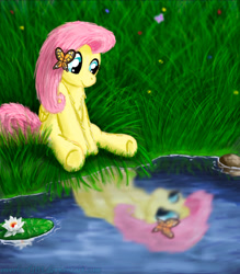 Size: 700x800 | Tagged: safe, artist:overlord103, imported from derpibooru, fluttershy, cute, female, reflection, shyabetes, solo, water