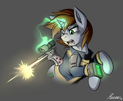 Size: 983x812 | Tagged: safe, artist:whitepone, imported from derpibooru, oc, oc only, oc:littlepip, pony, unicorn, fallout equestria, clothes, fanfic, fanfic art, female, glowing horn, gun, handgun, horn, little macintosh, magic, mare, pipbuck, revolver, shooting, simple background, solo, telekinesis, vault suit, weapon